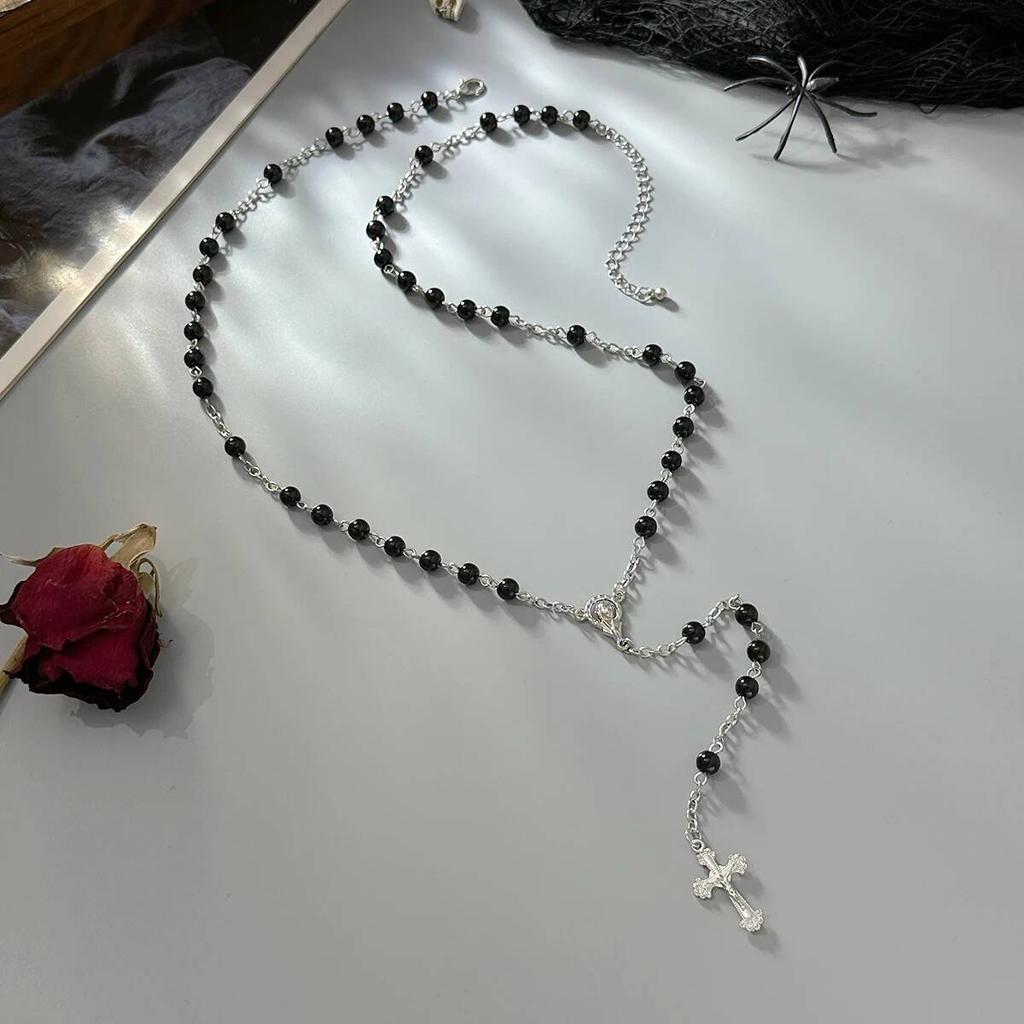 Salircon Gothic Black Red Glass Bead Cross Pendant Exquisite Y-Shaped Necklace Women Vintage Halloween Choker Chain Jewelry Gift