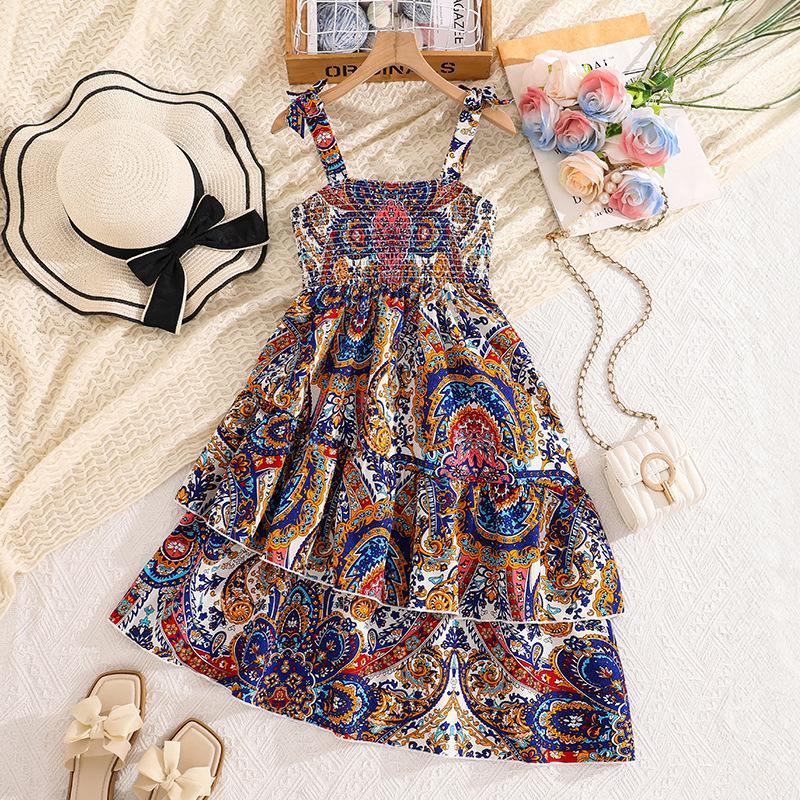 

Girls Fashionable Dress - Summer Children s Bohemian Style Printed Halter-neck Princess Dress 170cm=12Y синій