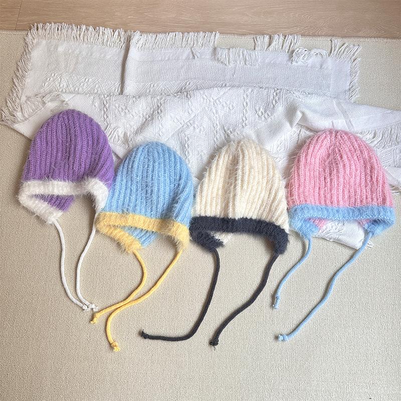 Children's Knitted Hat Simple Girl's Warm Pullover Hat Versatile Color Matching Woolen Hat  Strap Ear Protection Hat