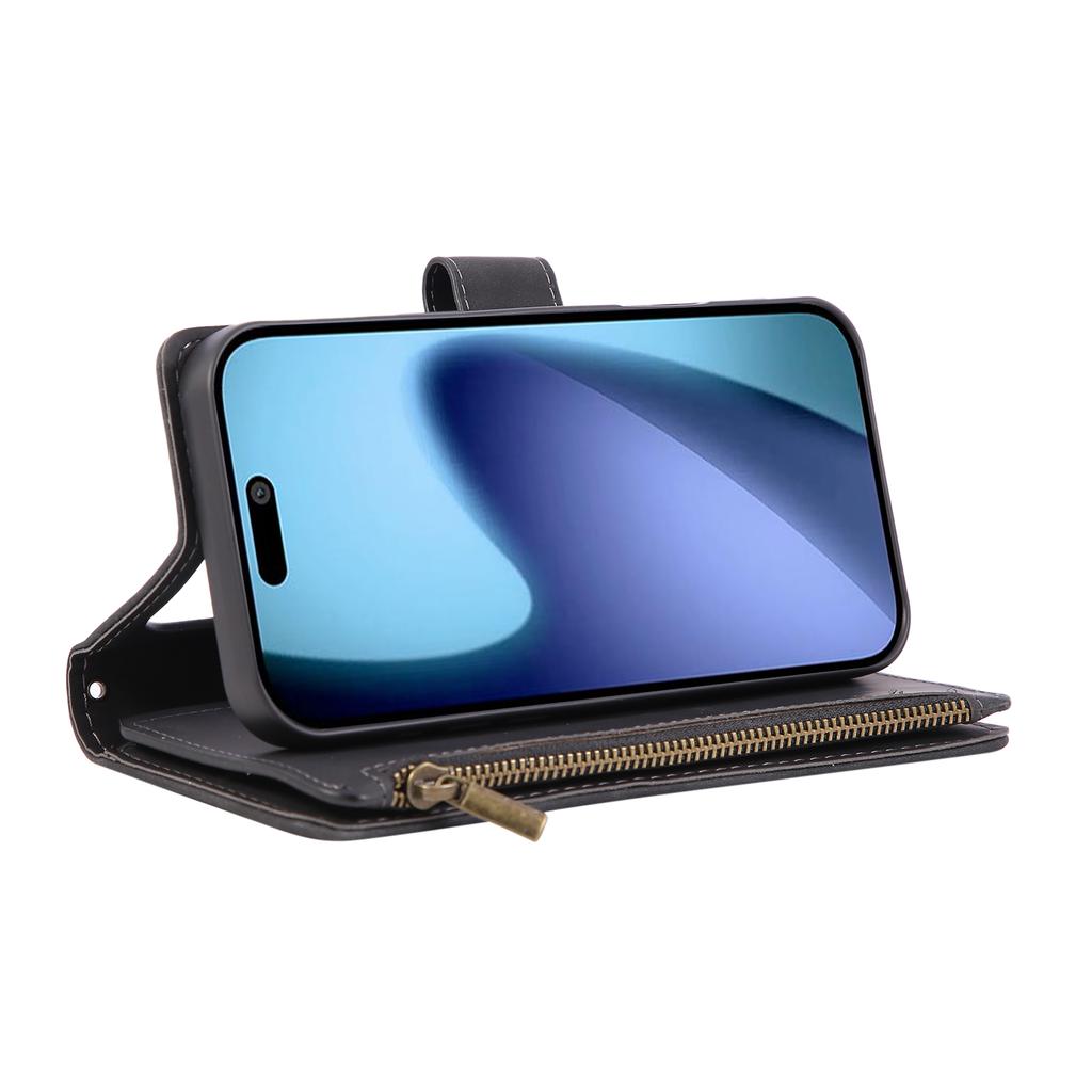 For iPhone 17 Pro Case Zipper Wallet Multiple Card Slots Leather Phone Cover with Wrist Strap
