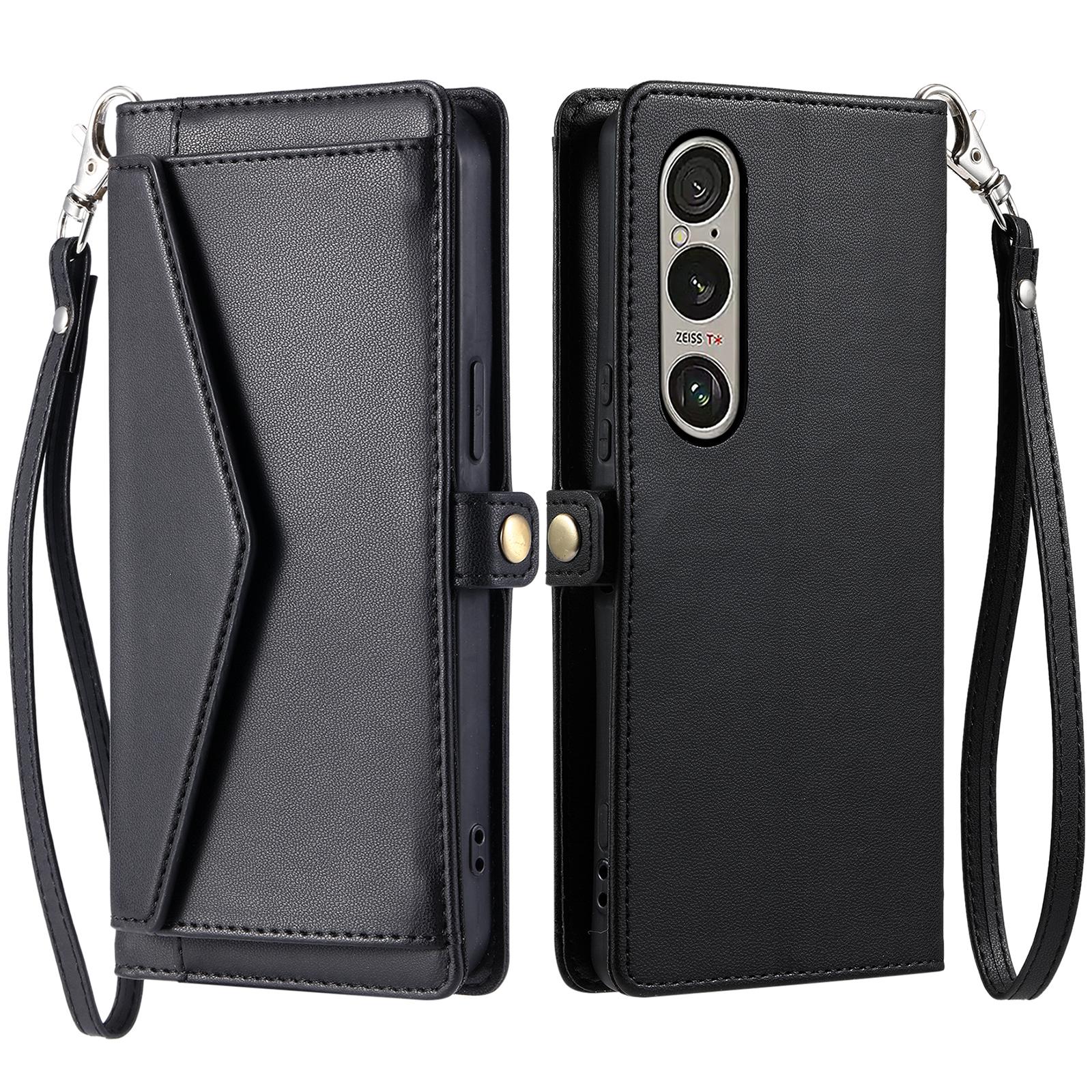 

For Sony Xperia 1 VII Leather Case with Wrist Strap Wallet Stand Phone Cover Black