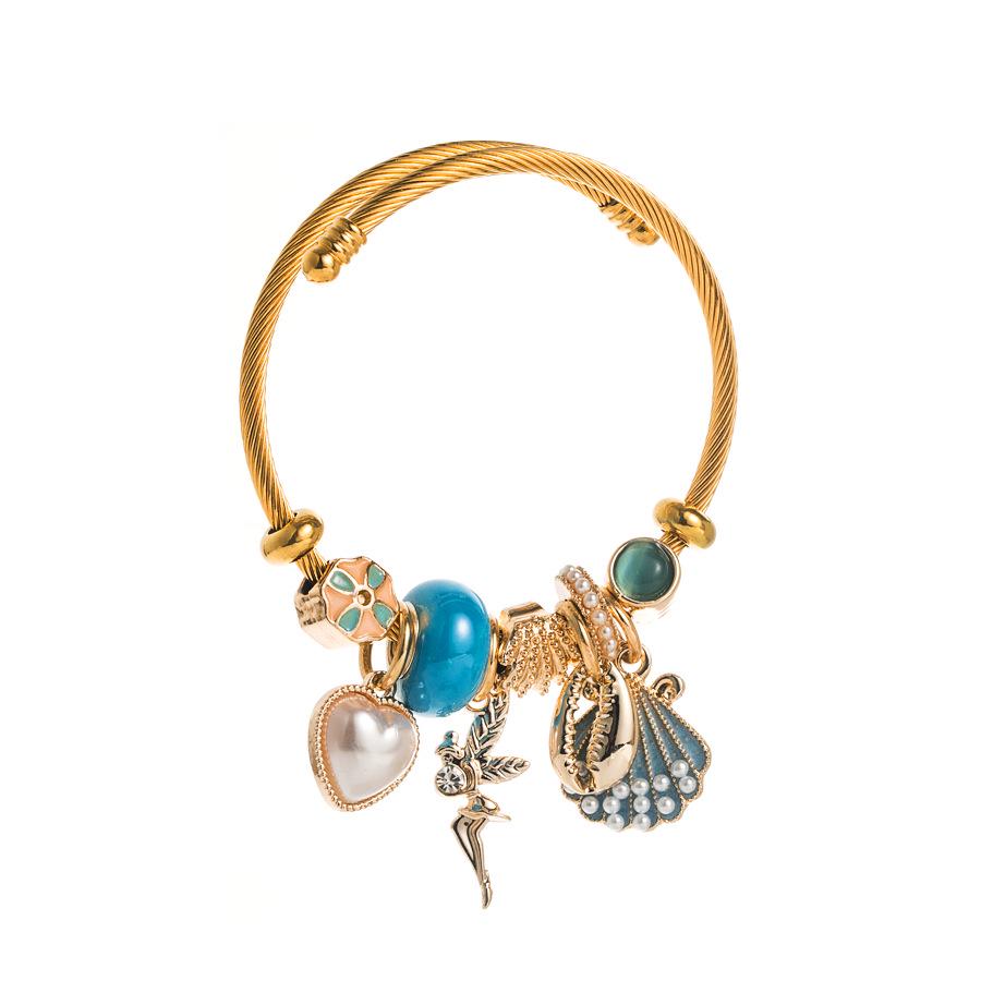 Adjustable Gold Alloy Bracelet with Pearl & Seashell Charms