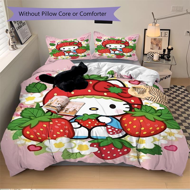 3pcs Strawberry Hello Kitty Cover Set, 1 Cover + 2 Pillowcases (No Insert), Bedding for All Seasons, Bedding,Bedroom Decor Yy250922020