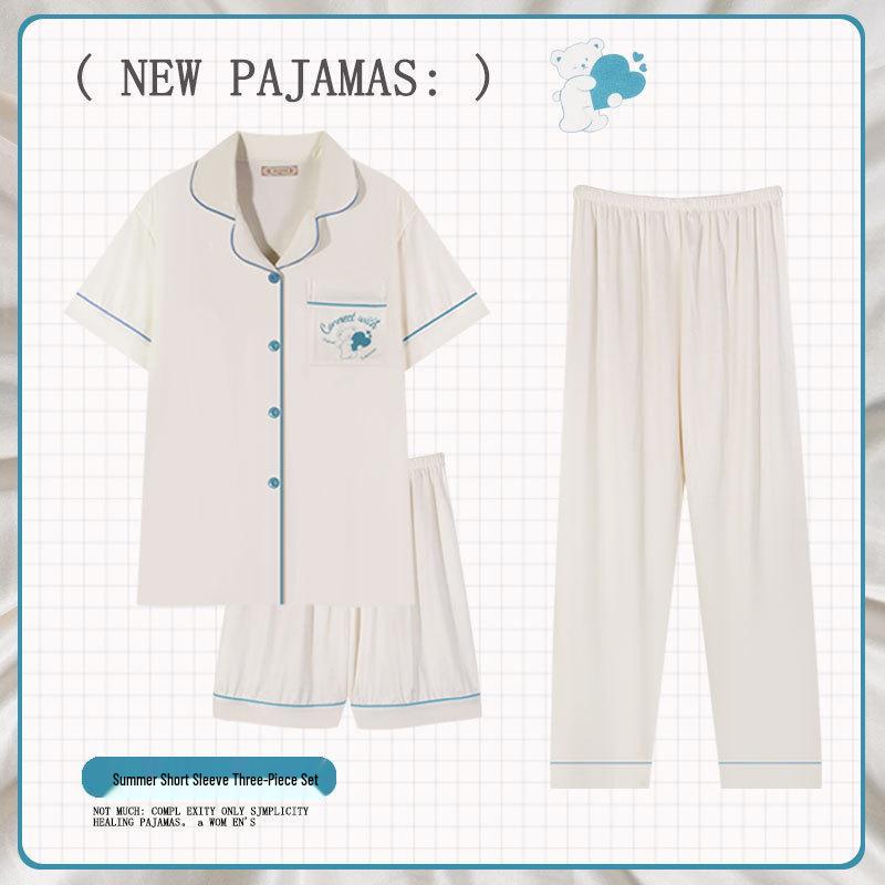 Pastoral Women's Pajama Set: Soft, Cute Rabbit Design, Short-Sleeve, Casual Three-Piece Loungewear.