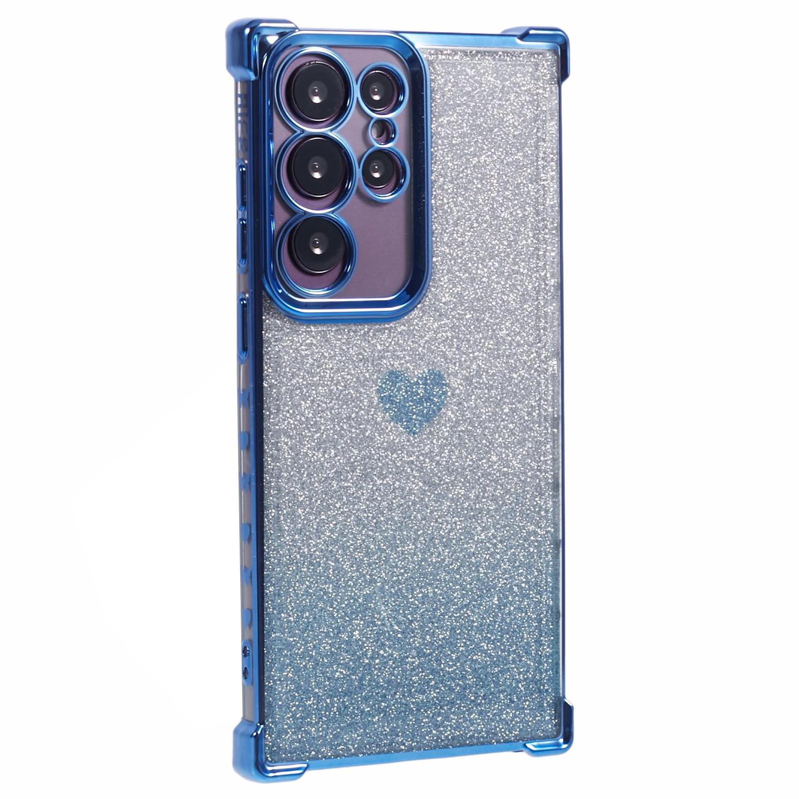 

For Samsung Galaxy S22 Ultra 5G Heart Pattern Phone Case TPU Glittery Powder Cellphone Cover Blue