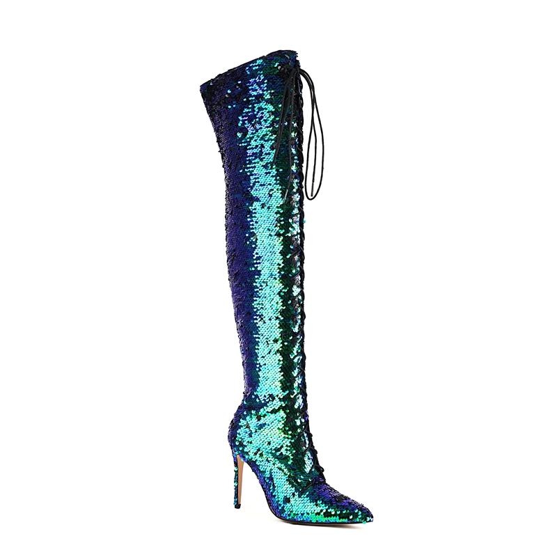 Fashion Women's New Fashionable Nightclub Style Pointed High Heel Large Sequin Lace up Boots High Leg Over Knee Long Boots