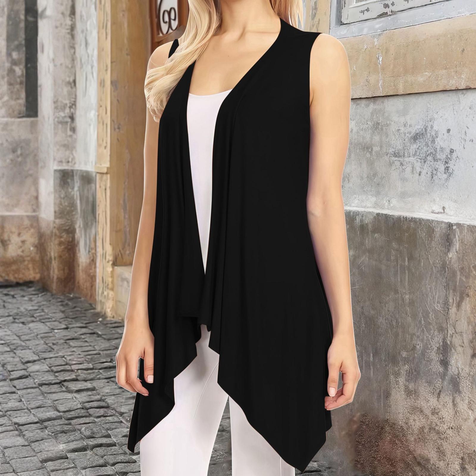 Женский свободный, стильный, элегантный, разноцветный кардиган без рукавов и пуговиц L чёрный