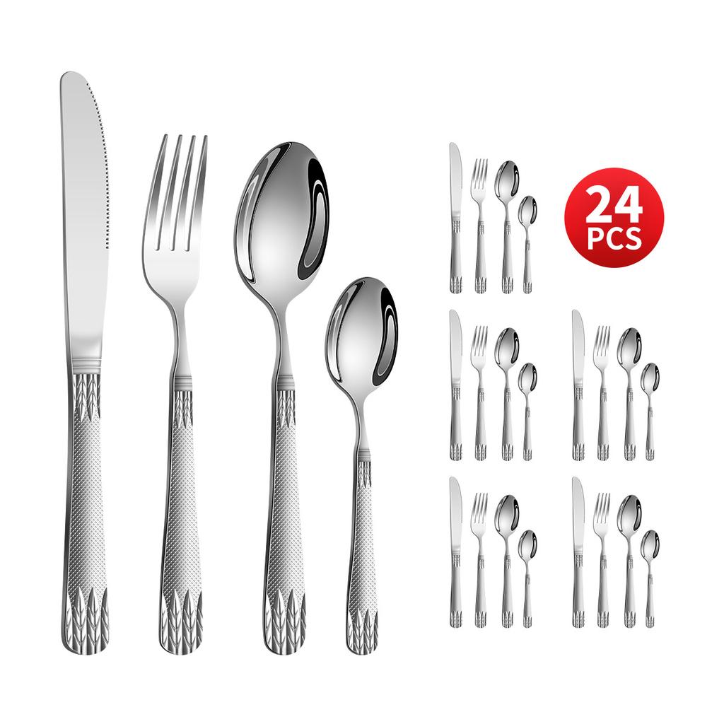 Stainless Steel Embossed Handle Western Food Hotel Tableware Knife, Fork and Spoon Dessert Spoon 24 Pieces Suit