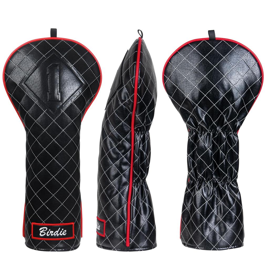 Golf Wood Cover Set of 3 (1FH) for DriverFairway WoodUtility Club Head Cover Black Synthetic Leather Birdie Embroidery