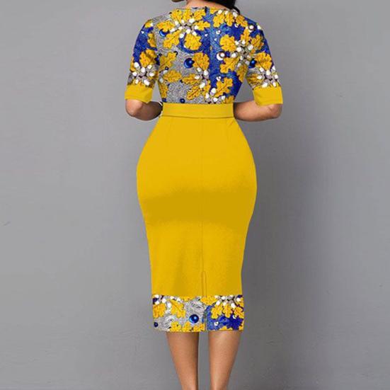 Lady Petticoats Plus Size Ladies Dress Leaf Printing High Waist Temperament Wavy Stripes Split Skinny Dress for Party