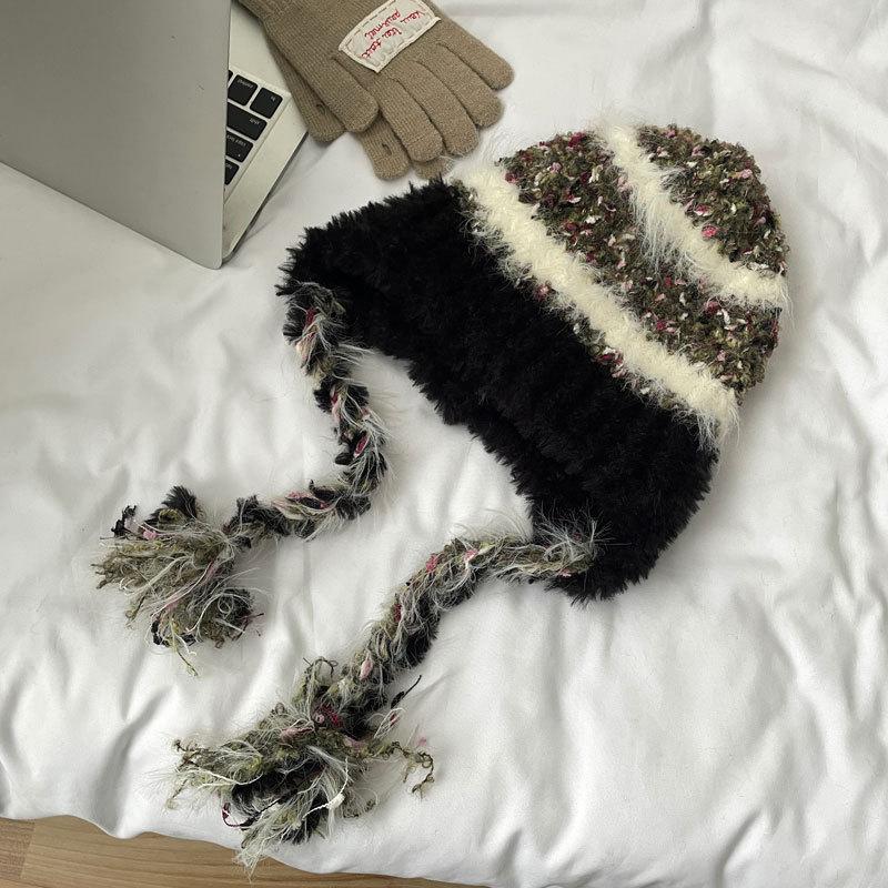 Striped splicing knitted ear protector children autumn and winter thickened warm wool cap pullover cap plush Lei Feng hat tide