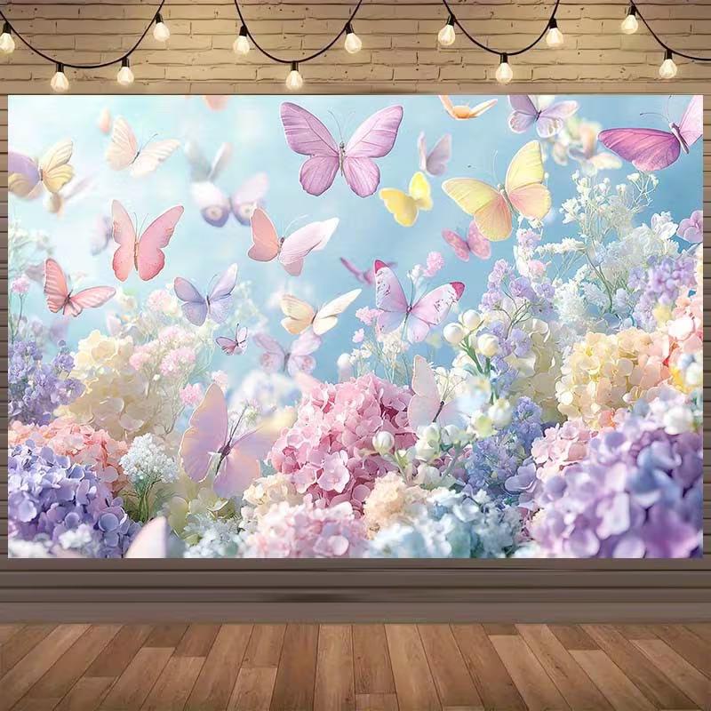 Pastel Butterfly Hydrangea Floral Photography Backdrop for Birthday Party