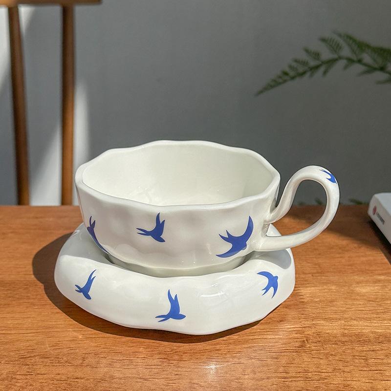 High Footed Flower Coffee Cups and Plates Ceramic Water Cup Afternoon Tea Cup Oat Breakfast Cups Milk Mug Flower Tea Mug