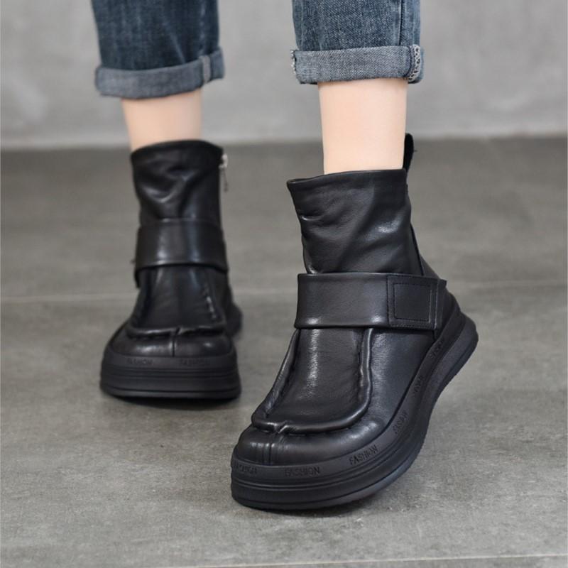 Johnature Vintage Genuine Leather Handmade Shoes Round Toe Short Boots Casual Versatile Women's Shoes