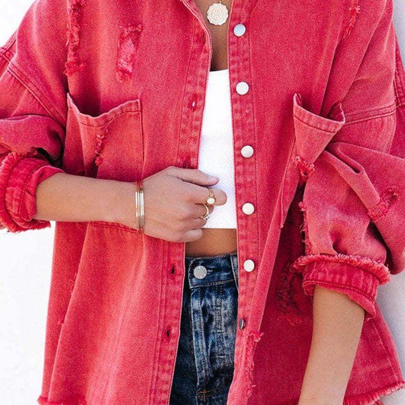 

Богемное старое пальто дыра свободная джинсовая куртка пальто многоцветное Red S