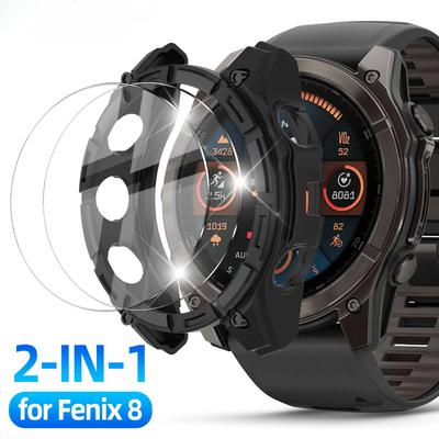 2-IN-1 Stiklas+Dėklas Garmin Fenix 8 51/47/43mm AMOLED Saulės Ekrano Apsauga Grūdintas Stiklas+Apsauginis Buferis Apsauginis Dangtelis Priedai
