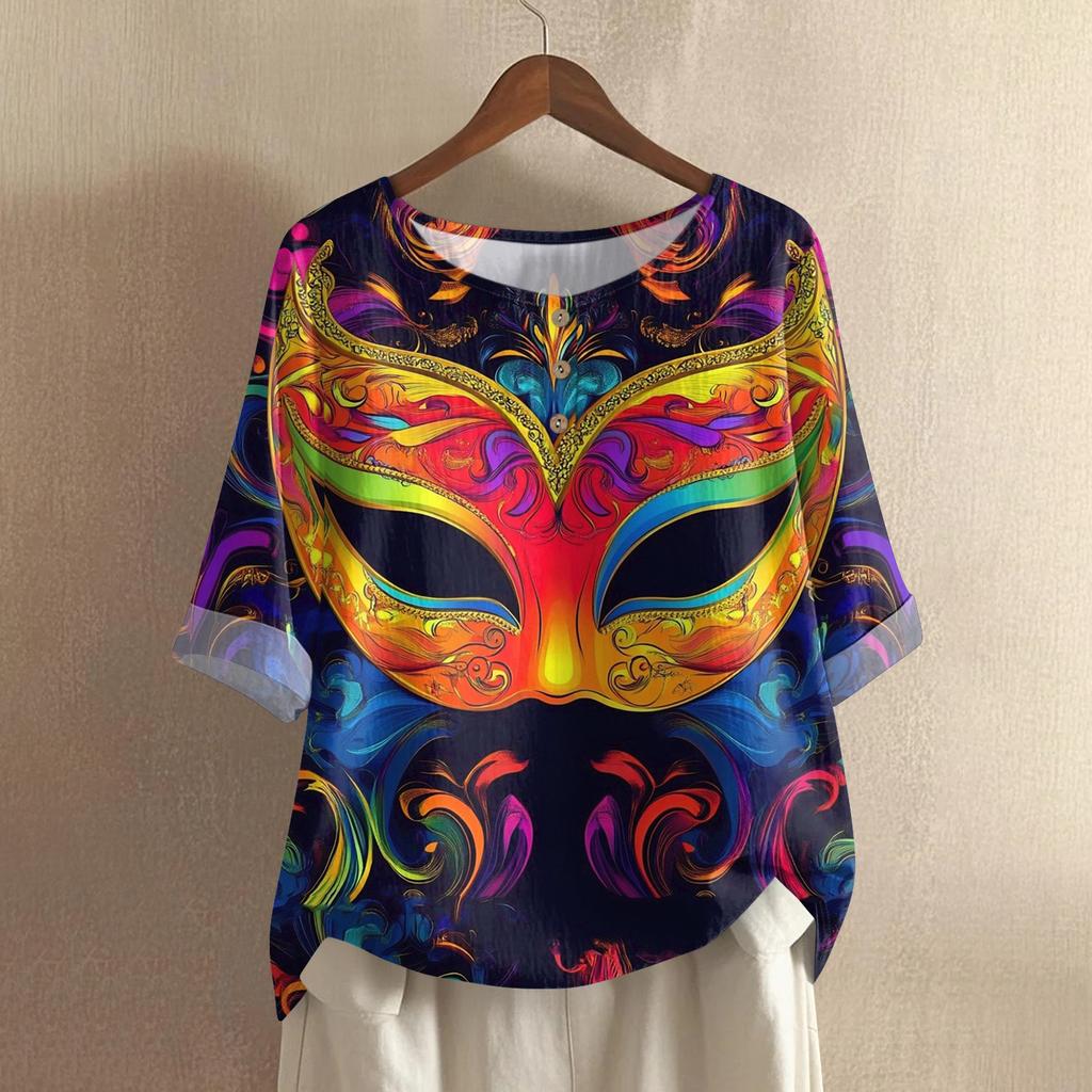 Women's Carnival Printed Casual Mid Sleeve Round Neck Cotton And Hemp Top