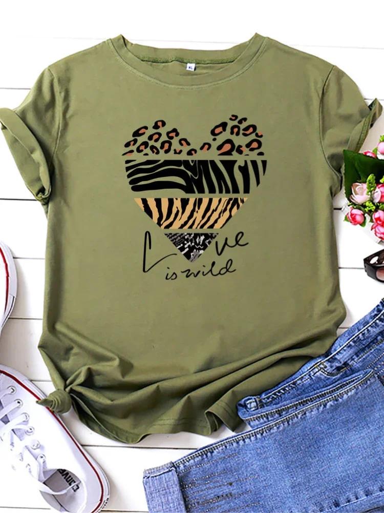 Love Is Wild Leopard Heart Print Women T Shirt Short Sleeve O Neck Loose Women Tshirt Ladies Tee Shirt Tops Camisetas Mujer