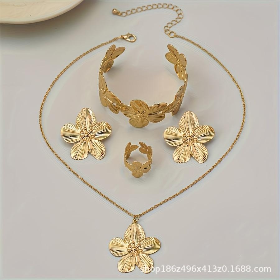 High-End Women's Camellia Jewelry Set: Metal Petal Stud Earrings, Bracelet, Ring, Necklace