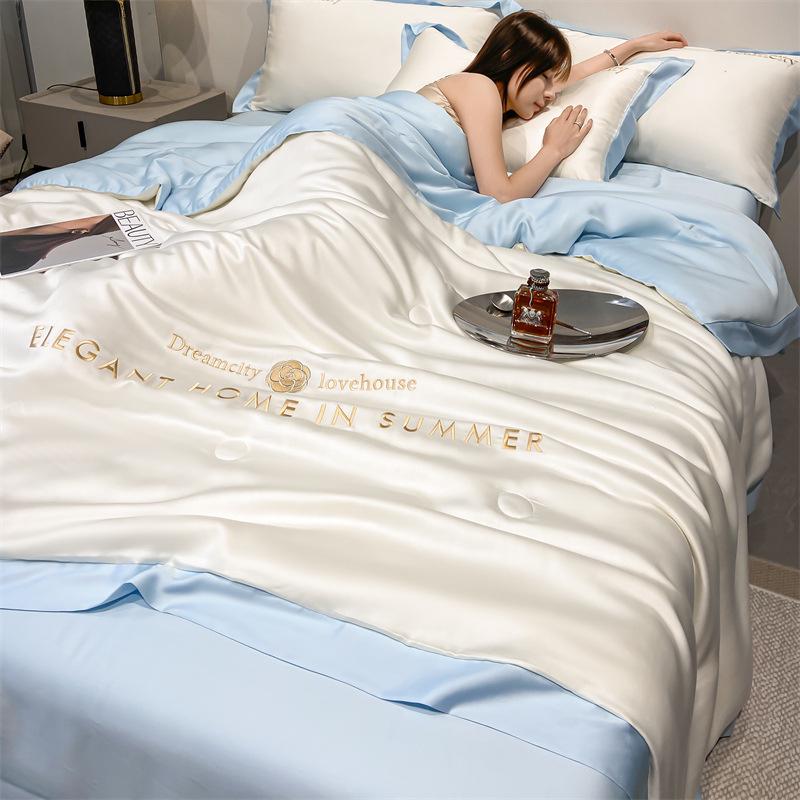 Class A Ice Silk Water Washable Summer Quilt Set - Naked Sleep Embroidery, Thin Blanket, Air Conditioning Quilt, Four-Piece Gift.