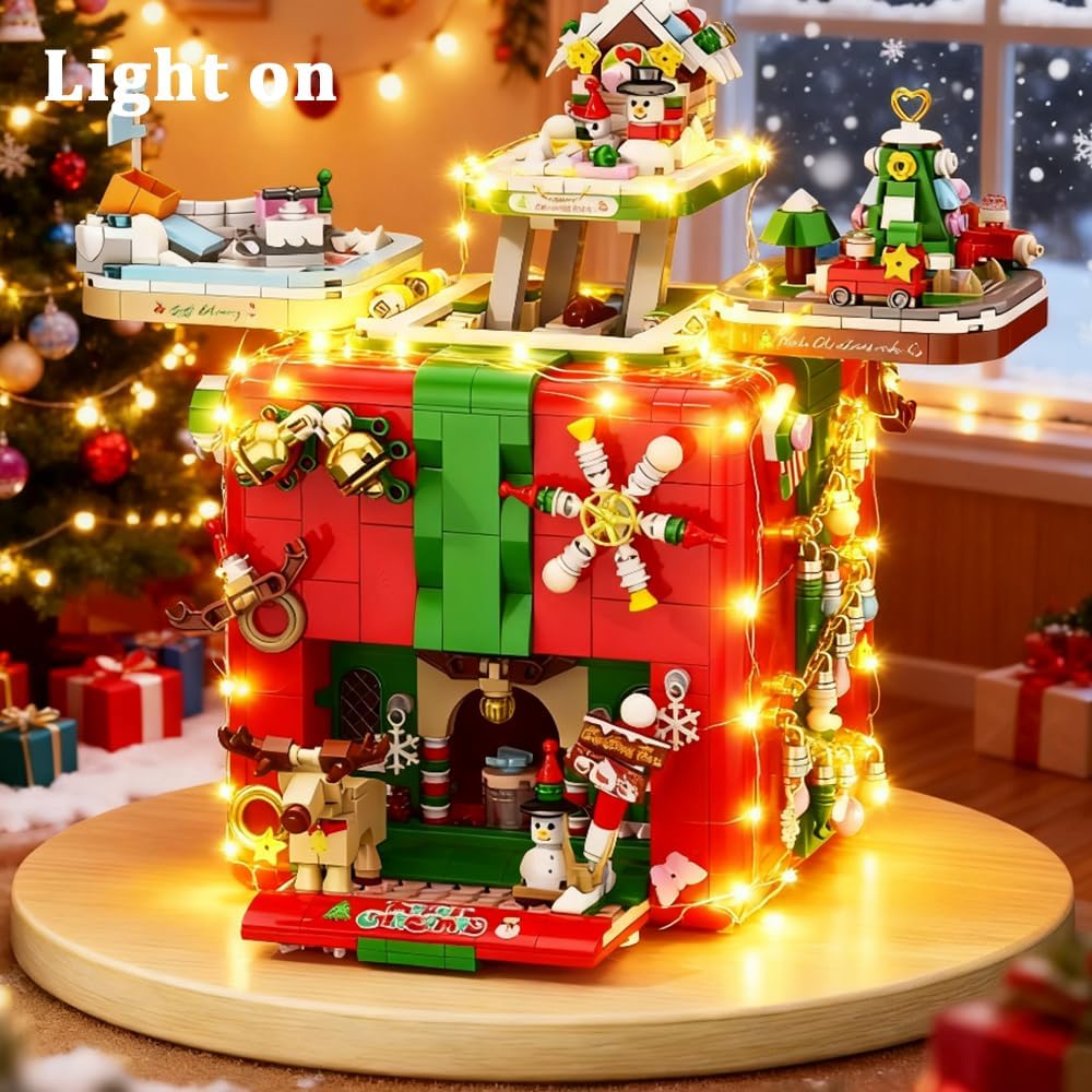 Christmas Gift Surprise Mechanism Box Model Building Block DIY Elk Snowman Bricks Ornament Toys for Children Adult