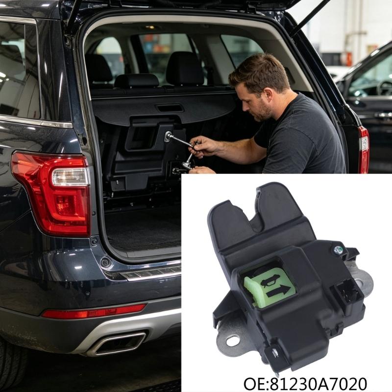 Trunk Lock Replacement Actuator 81230A7020 for Rear Position Repair, Plastic Housing Layout, Metal Mount Sections, and Part Matching Checks
