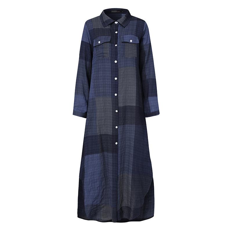 Womens Long Sleeve Casual Loose Button Down Denim Maxi Shirt Dress Plus Size
