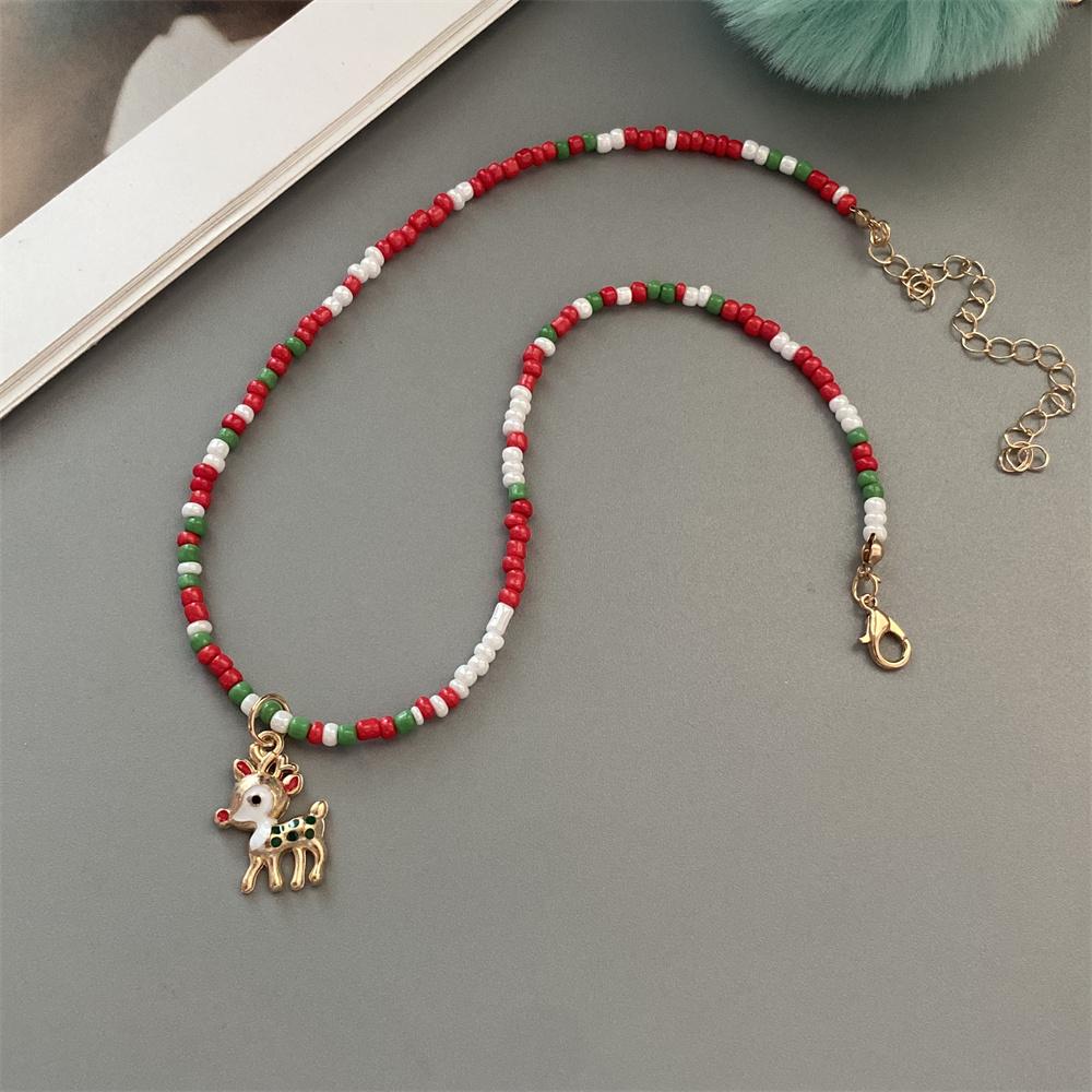 Christmas Necklaces for Women Girls Handmade Rice Beads X'mas Tree Santa Claus Snowman Gift Necklace Pendant New Year Jewelry