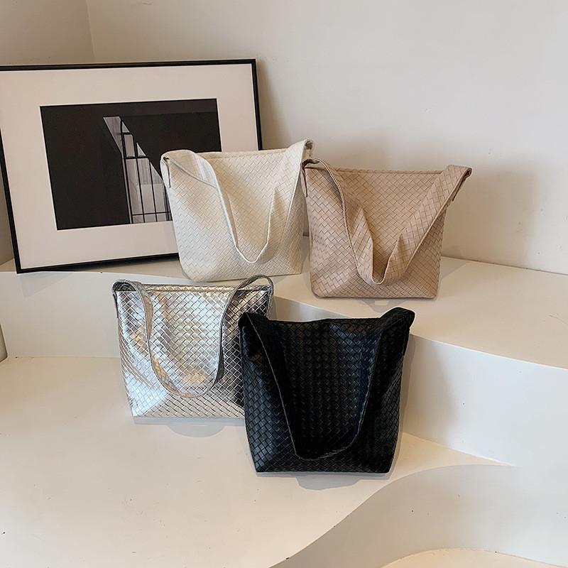 Solid Simple Color Woven Texture Women Large Capacity Tote Bag Daily For