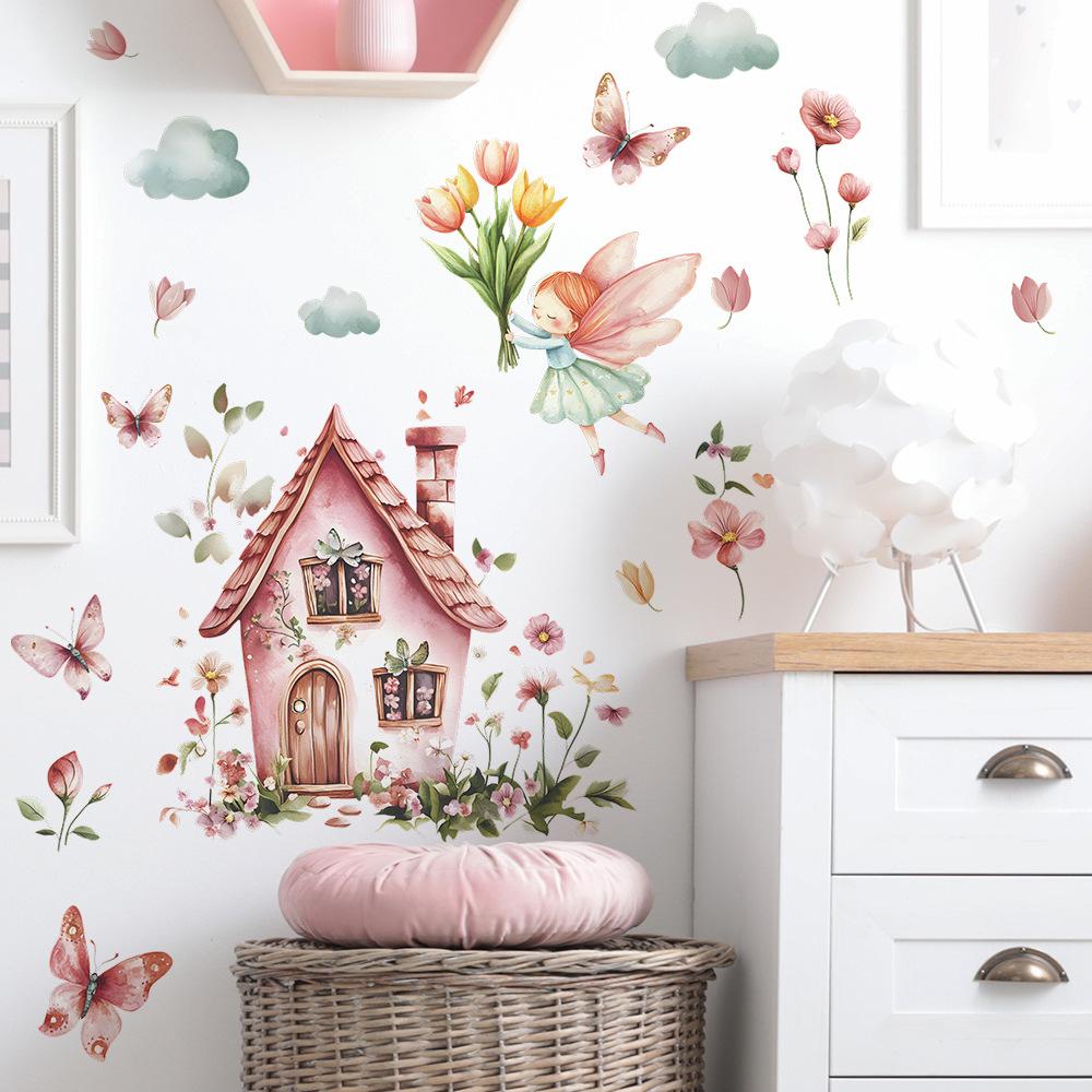 Fairy Tale Cartoon House with Flowers Wall Sticker Dreamy Self-Adhesive Decor for Kids Bedroom Living Room Nursery Wall Art
