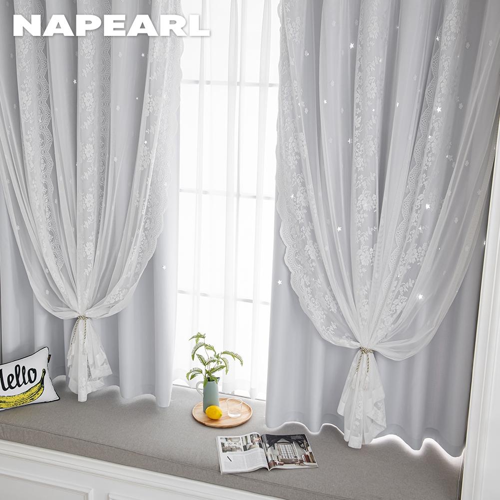 A Set of NAPEARL Grey Hollow Star Blackout Curtain and Lace Sheer Curtains Double-layer Short Curtains for Living Room Bedroom Home Decor