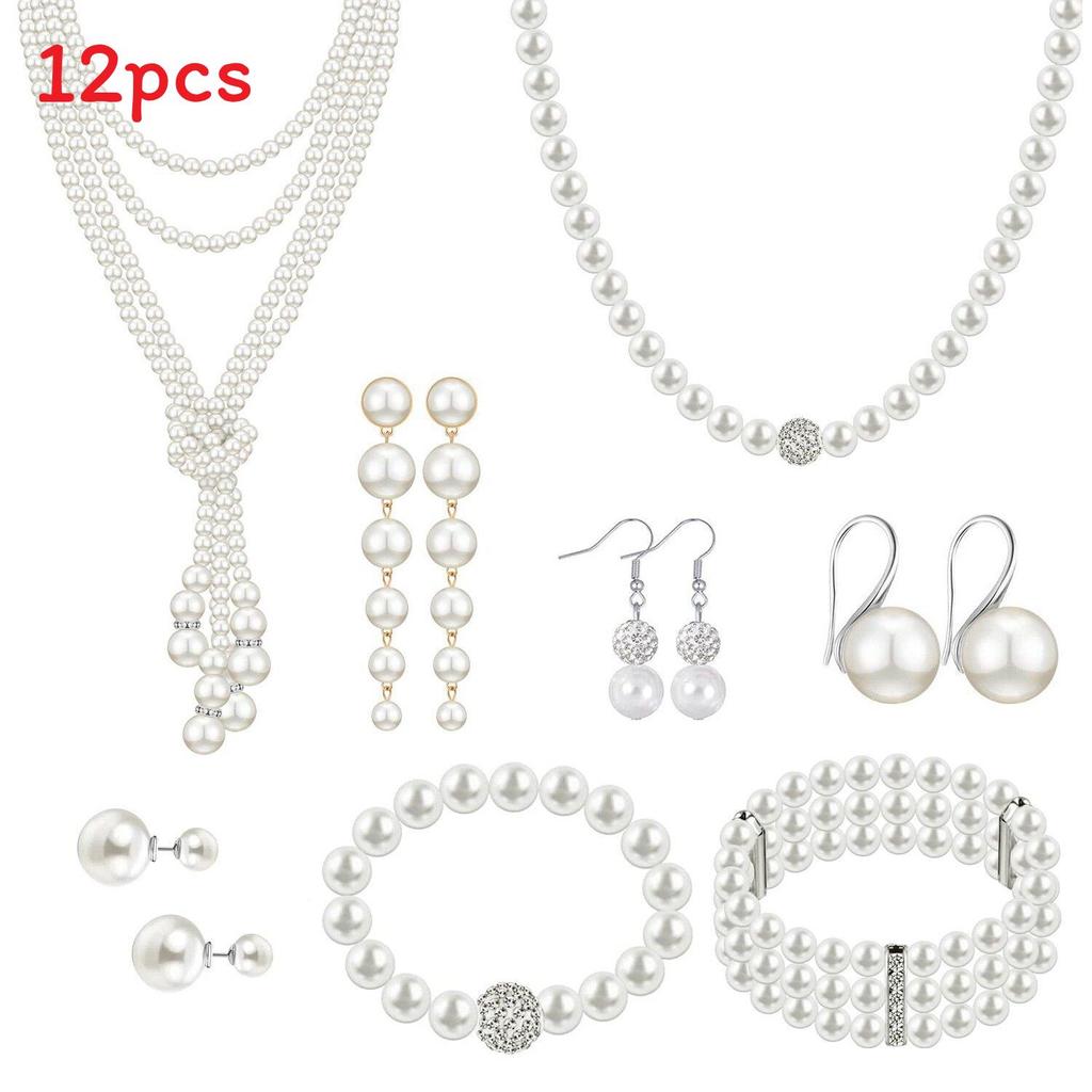 Vintage European Pearl Necklace Set With Geometric Water Drill Pendant For Women Summer
