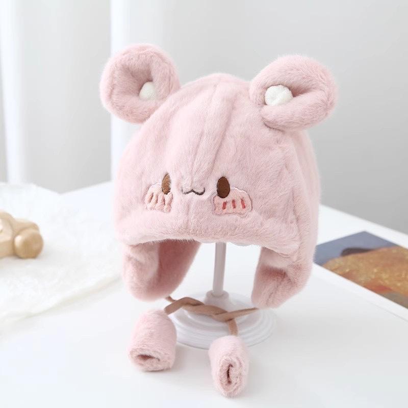 Winter infant face protection knitted hat windproof and warm ear protection hat fleece thickened male and female treasure cute plush hat