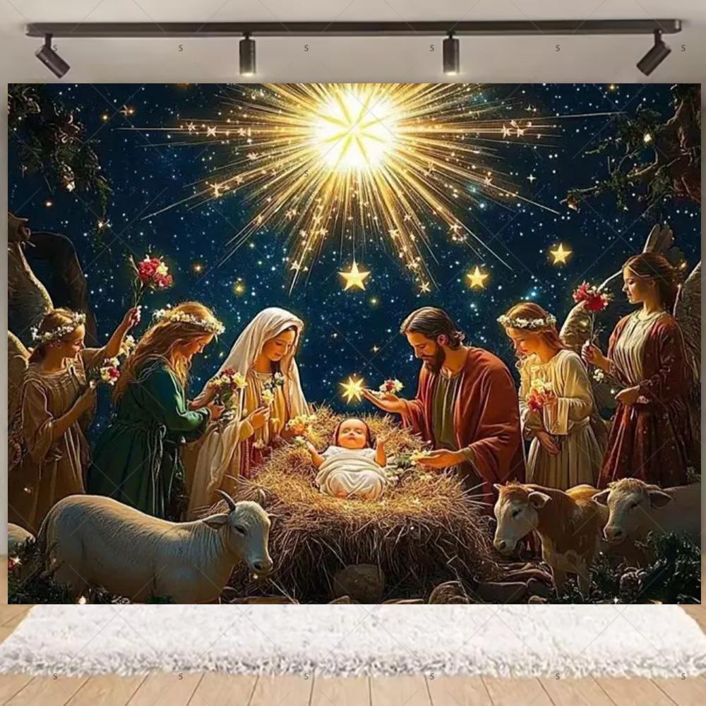 Nativity Scene Background Banner Starry Night Traditional Christmas Religious Jesus Backdrop Supplies Christmas Party Decoration