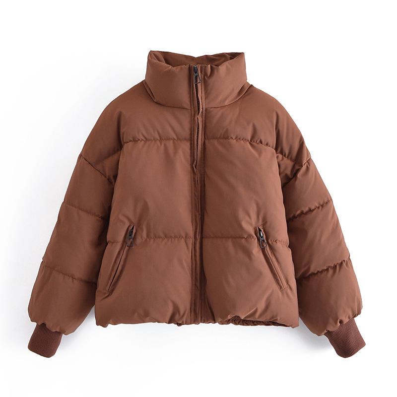 Automne Hiver Femmes Doublure En Coton Court Parka Veste Manteau avec Col Montant Couleur Unie Style Preppy Épais Poches À Fermeture Éclair Oversize XS-L