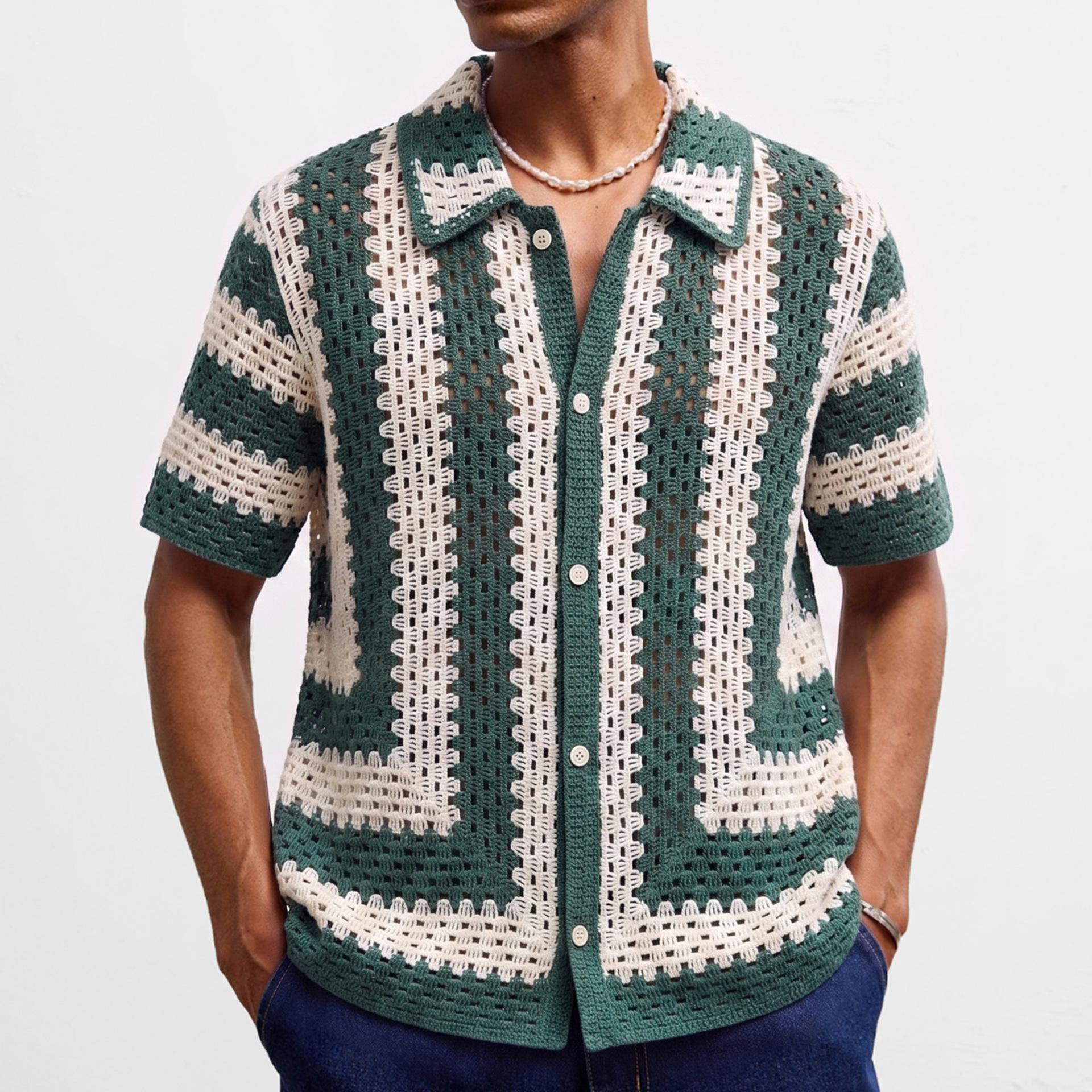 

Casual Button Down Shirt for Men Vintage Knitted Golf Beach Collared Shirts Tops Crochet Hollow Out Summer Vacation Top Men s Knit Short Sleeve Shirt 3XL