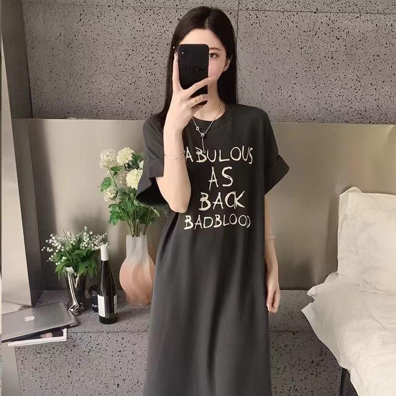 Women's Summer Loose Letter Print Short-sleeved T-shirt Fashionable and Laid-back Style Over-the-knee Casual Dress