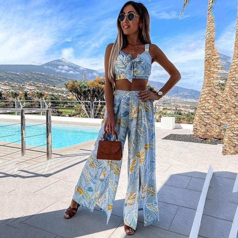 

Lace up Bra Wide Leg Pants Suit Shoelace Tube Top Large Swing Split Wide Leg Pants Suit Blue XL