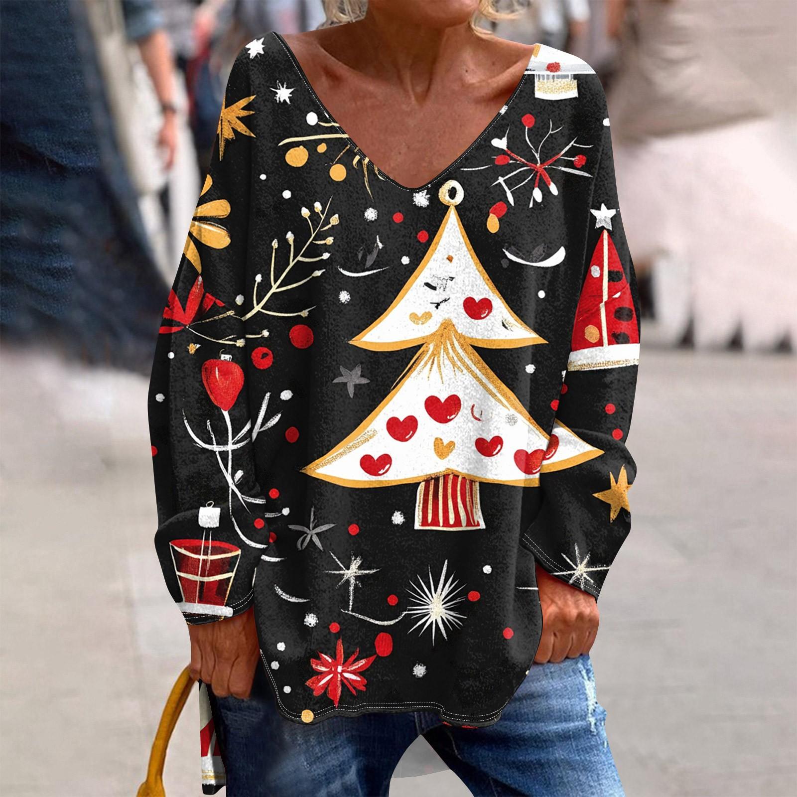 

Женская модная повседневная футболка с длинными рукавами и рождественским принтом с V-образным вырезом M чёрный