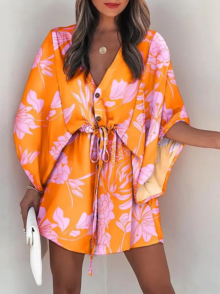 Summer Sleeve V-Neck Tie-Up Casual Vacation Dress Women's Clothing