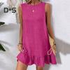Summer Sundress Ruffle Hem Loose Sleeveless Round Neck Solid Color A-line Mini Dress for Beach Datings Vacation