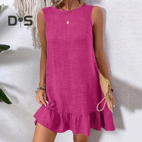 Summer Sundress Ruffle Hem Loose Sleeveless Round Neck Solid Color A-line Mini Dress for Beach Datings Vacation