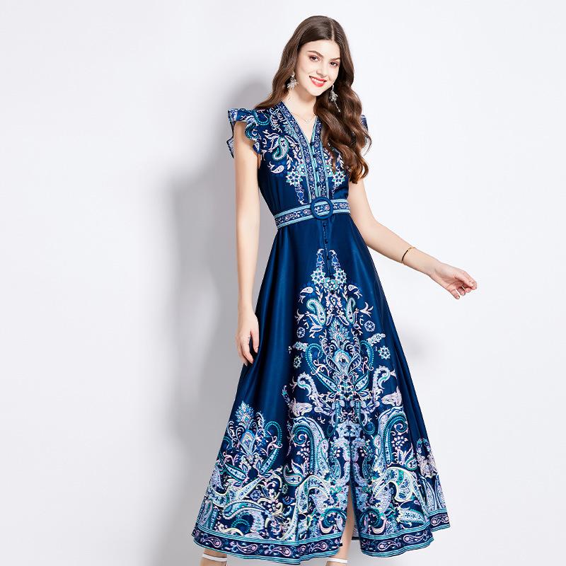 2025 İlkbahar Yaz Kadın Elbise - Retro Etnik Baskılı Volanlı Kollu Alevlenen Boho Maksi Elbise