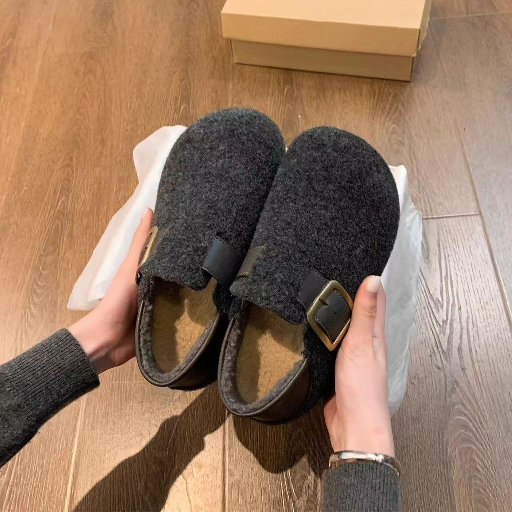 Retro inner height increase two wear Birkenstocks new autumn and winter woolen lazy thick-soled velvet cotton shoes