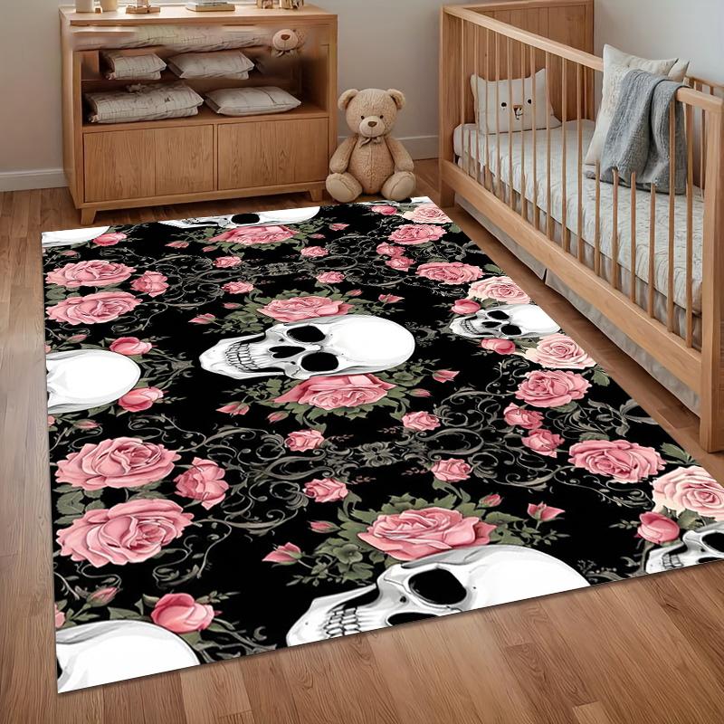 1pc Gothic Carpet of Purple Rose Carved Skull Non Slip Machine Washable Floor Mat Living Room Bedroom Entryway Game Room Rugs