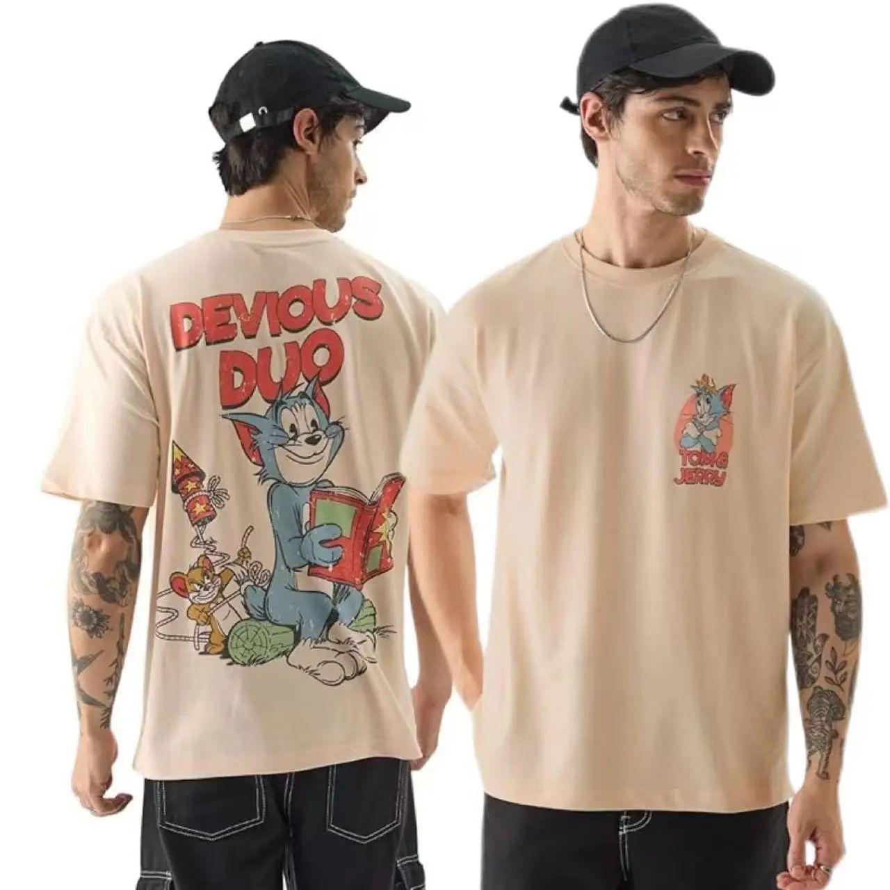 2026 Summer Comic Form Tom and Jerry Image Printed Oversize Casual T-shirt Adult Children Parent-child Top Homewear. Unisex L
