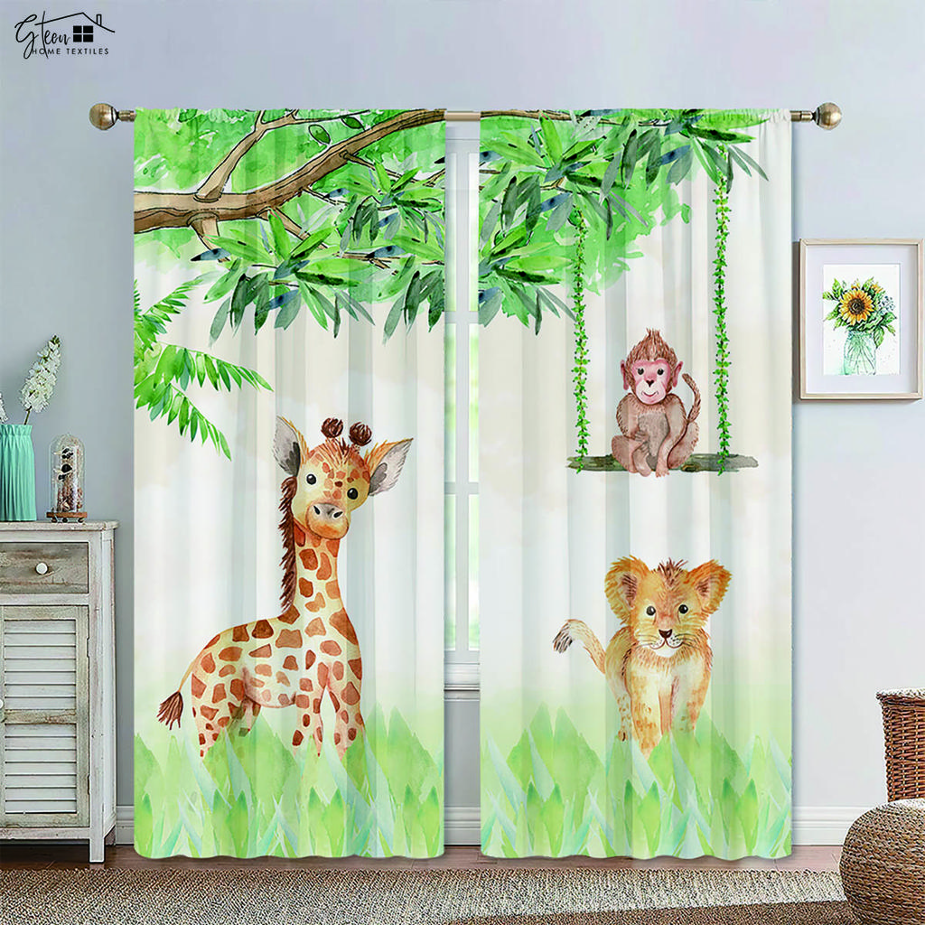 Cartoon Animal Curtains Pet Cat Dog Lion Leopard Elephant Giant Panda Fox Monkey Rabbit Penguin Whale Children's Printed Curtain