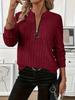 2026 Women's Knit Ribbed Solid Color Zipper Long Sleeve Top for Autumn & Winter