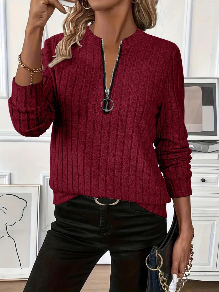 2026 Women's Knit Ribbed Solid Color Zipper Long Sleeve Top for Autumn & Winter