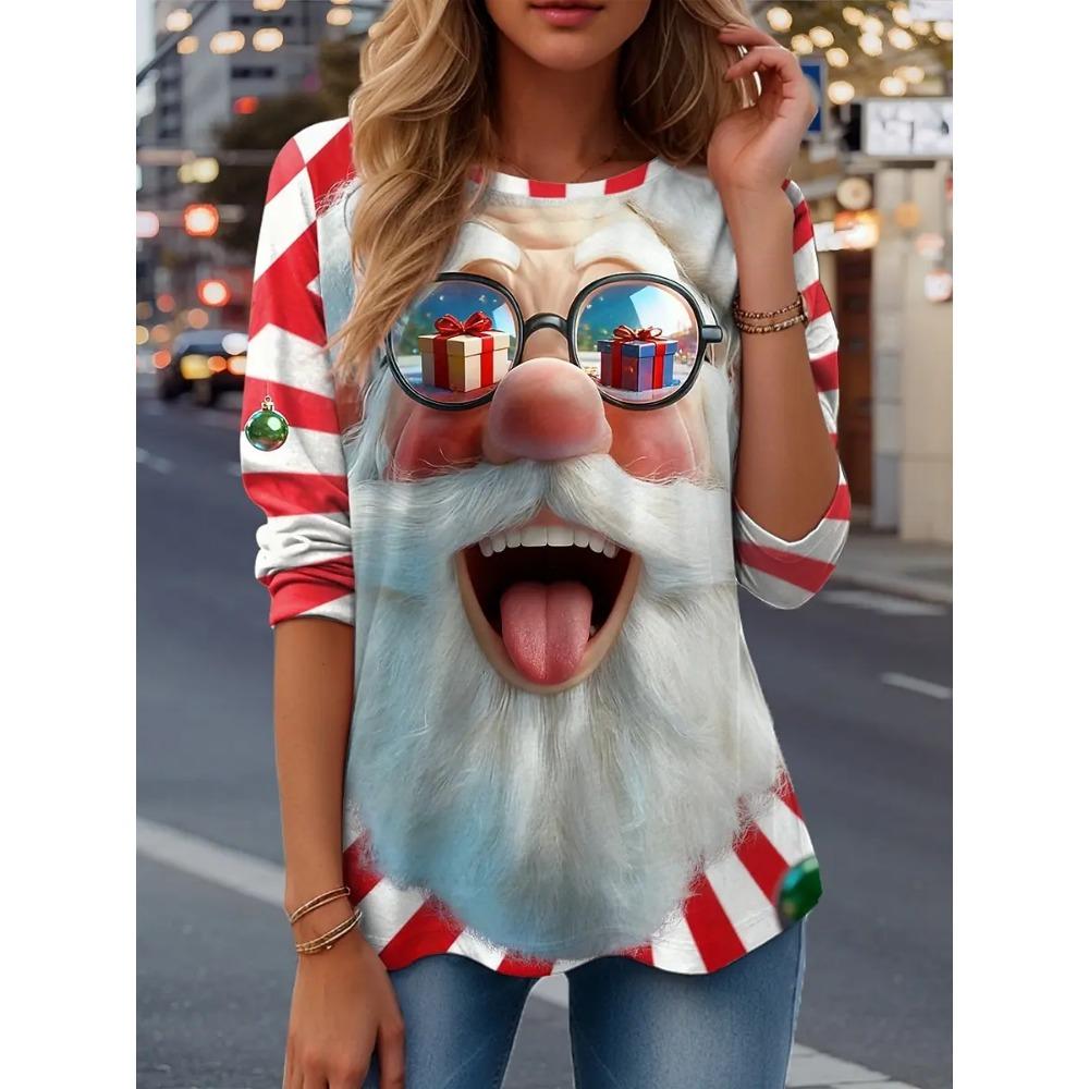 Spring and Autumn Round Neck Santa Claus Pattern 3D Printed Top Fashionable Casual Long Sleeved Women's T-shirts